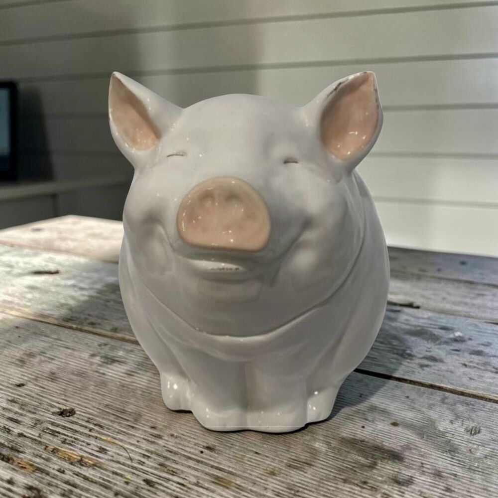 2000s Pier 1 Imports Hand Painted Earthenware Pig Cookie Jar Farmhouse Decor